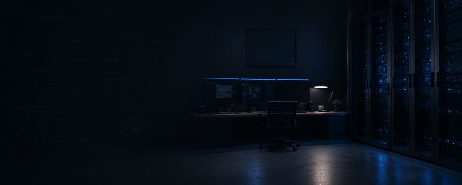 Ein Rechenzentrum bei Nacht: Serverschränke mit blauen Statuslichtern, davor ein Arbeitsplatz